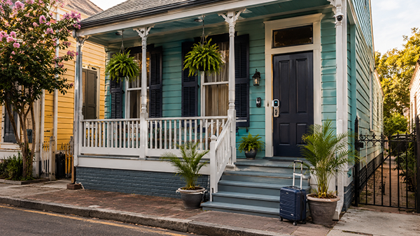 Colorful New Orleans short-term rental home with a smart lock, video doorbell, porch plants, and suitcase by the front steps.