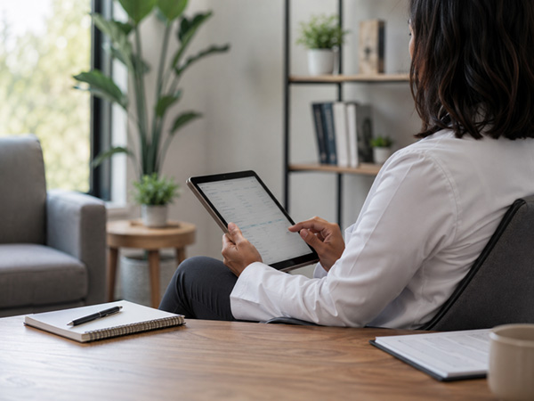 Clinician reviewing clinical trial notes on a tablet in a calm, modern mental health office with plants in the background.