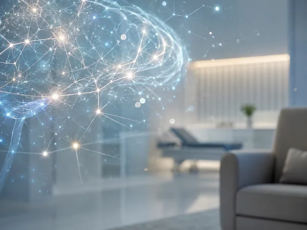 Abstract glowing neural pathways forming a brain-like shape over a calm, modern clinical treatment room.