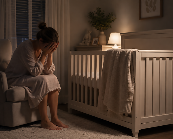 Woman sitting beside a crib with her head in her hands, illustrating postpartum depression and maternal mental health struggles.